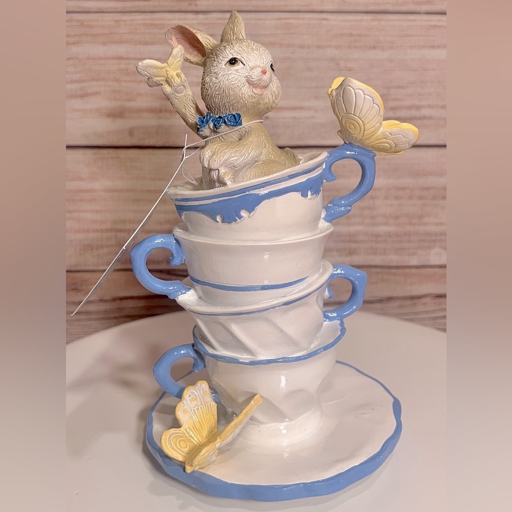 Pastel Easter Bunny in Dainty Floral Teacups with Butterflies set of 2 - Picture 5 of 5